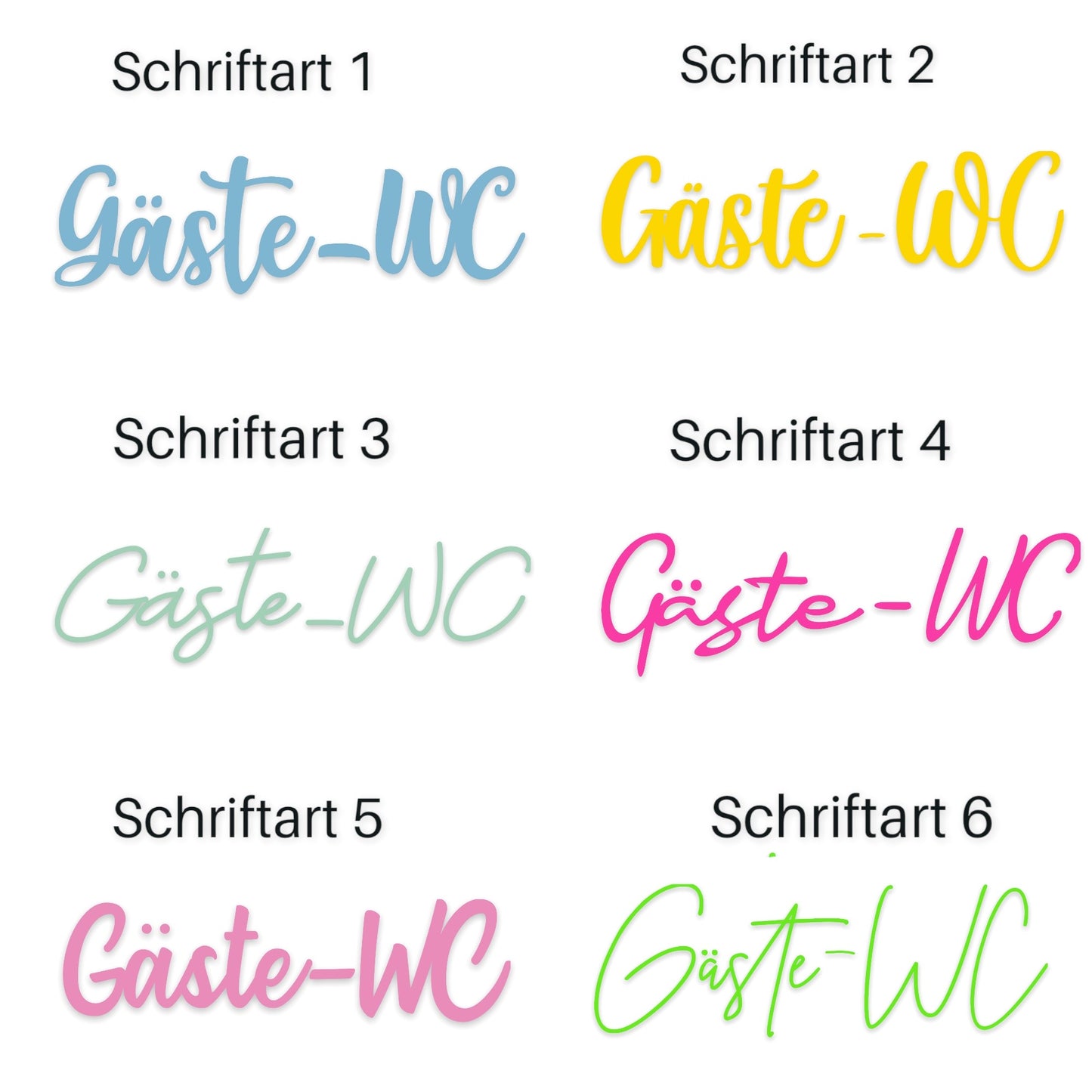 Schriftzug Gäste-WC aus Holz in verschiedenen Farben und 6 Schriftarten