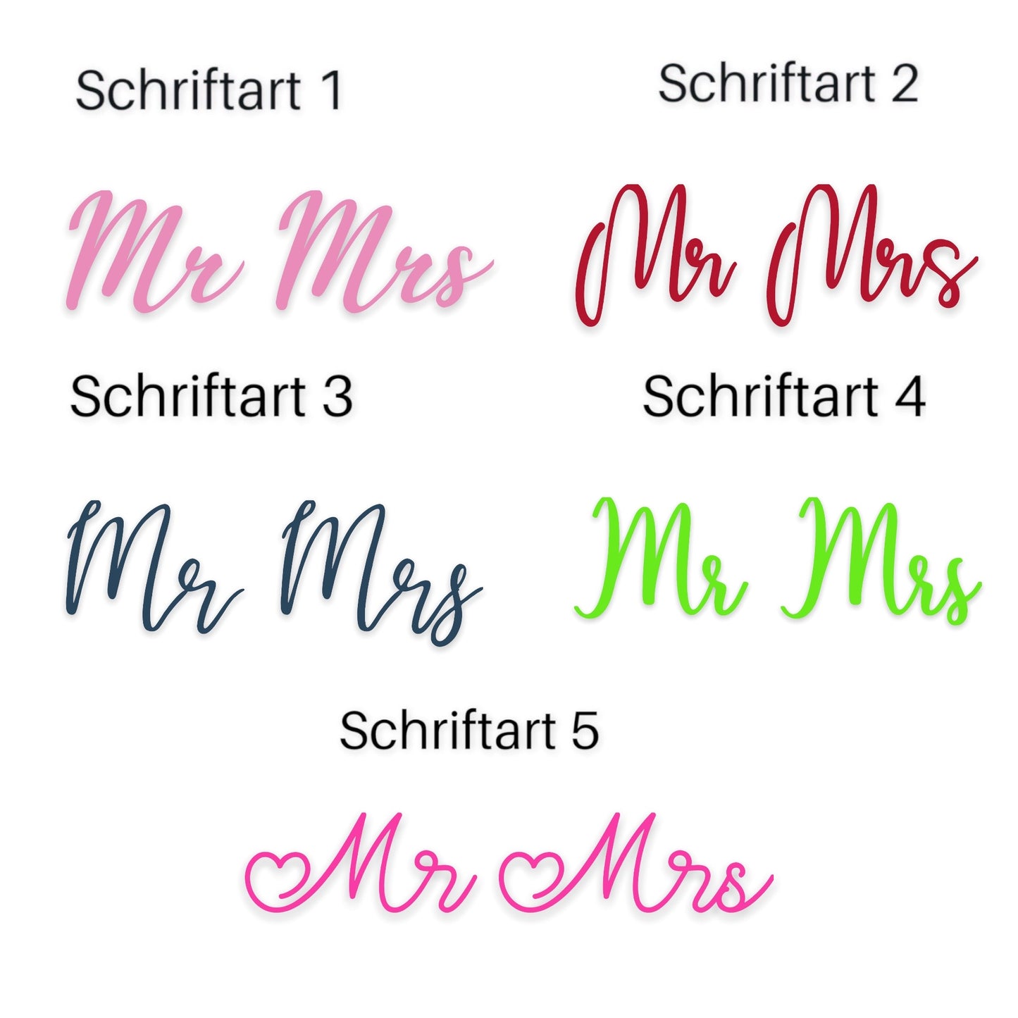 Schriftzug Mr & Mrs aus Holz in verschiedenen Farben und 5 Schriftarten
