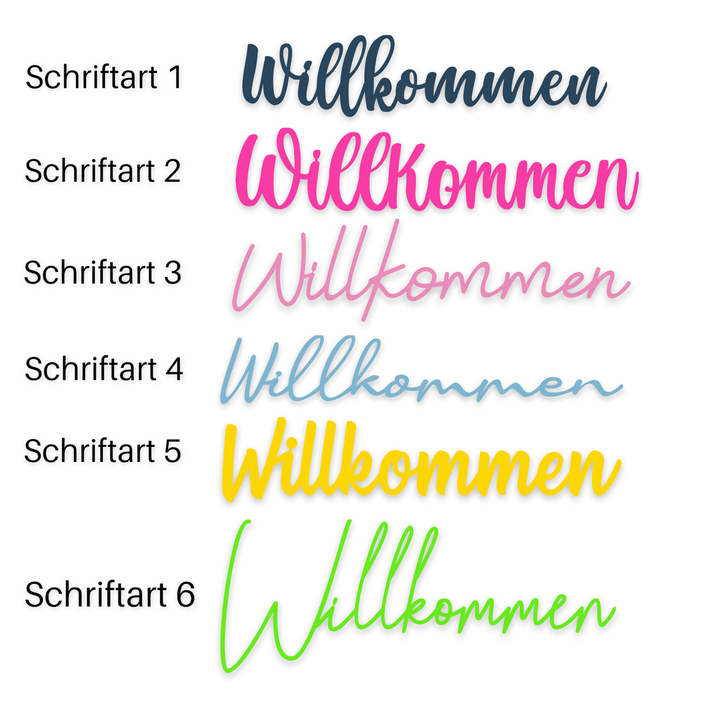 Schriftzug Willkommen aus Holz in verschiedenen Farben und 6 Schriftarten