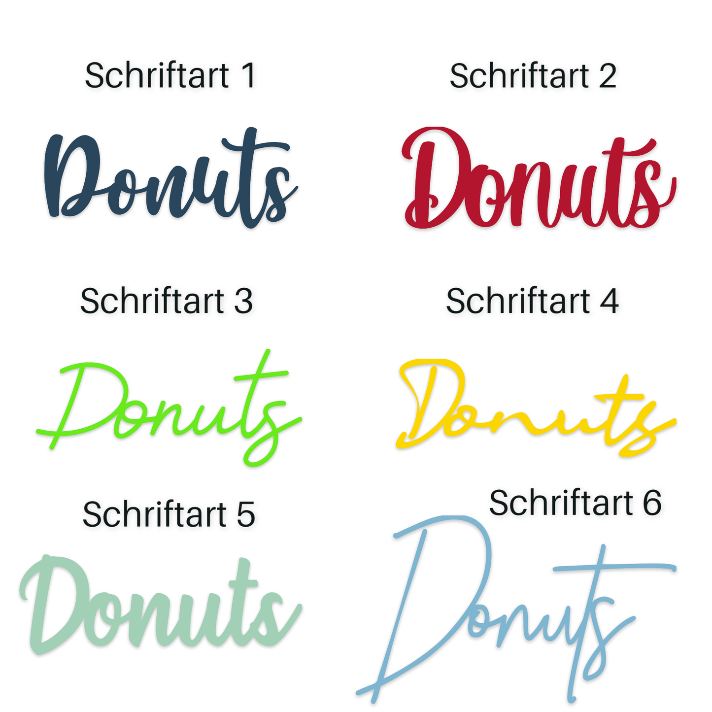 Schriftzug Donuts aus Holz in verschiedenen Farben und 6 Schriftarten