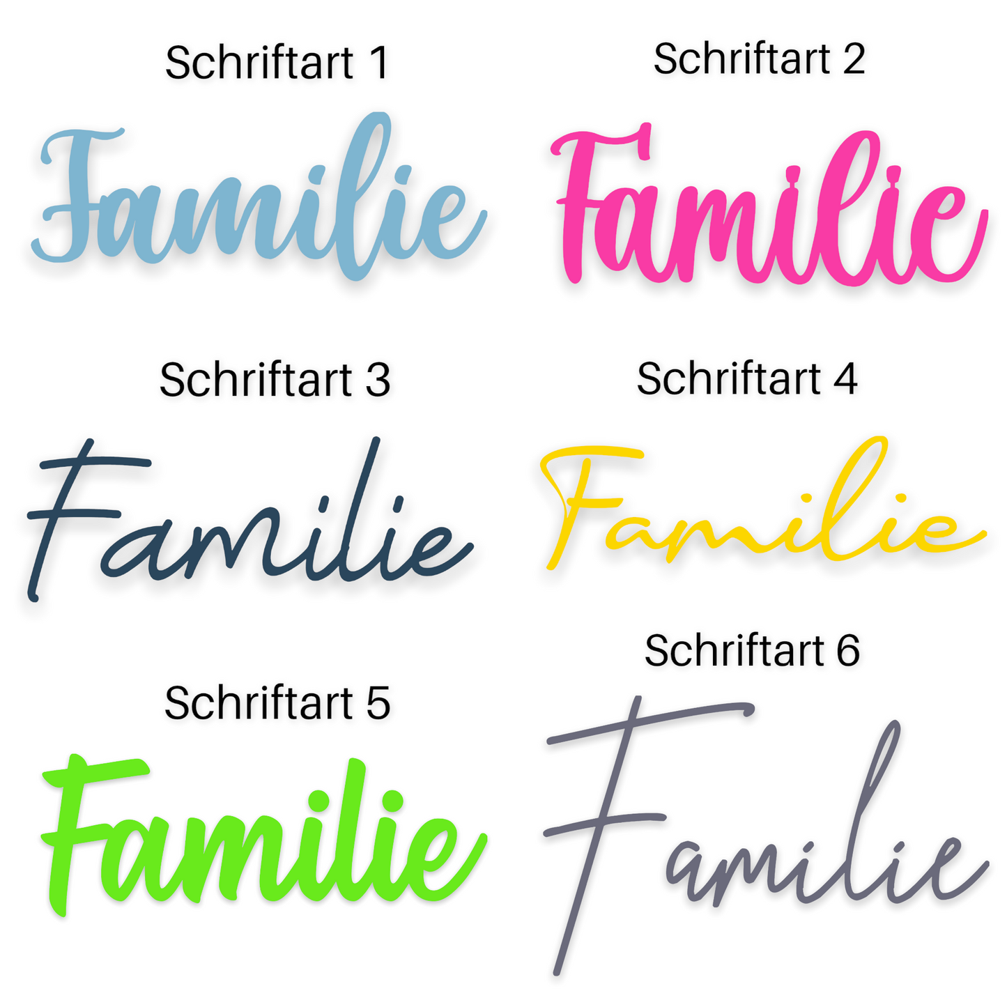 Schriftzug Familie aus Holz in verschiedenen Farben und 6 Schriftarten