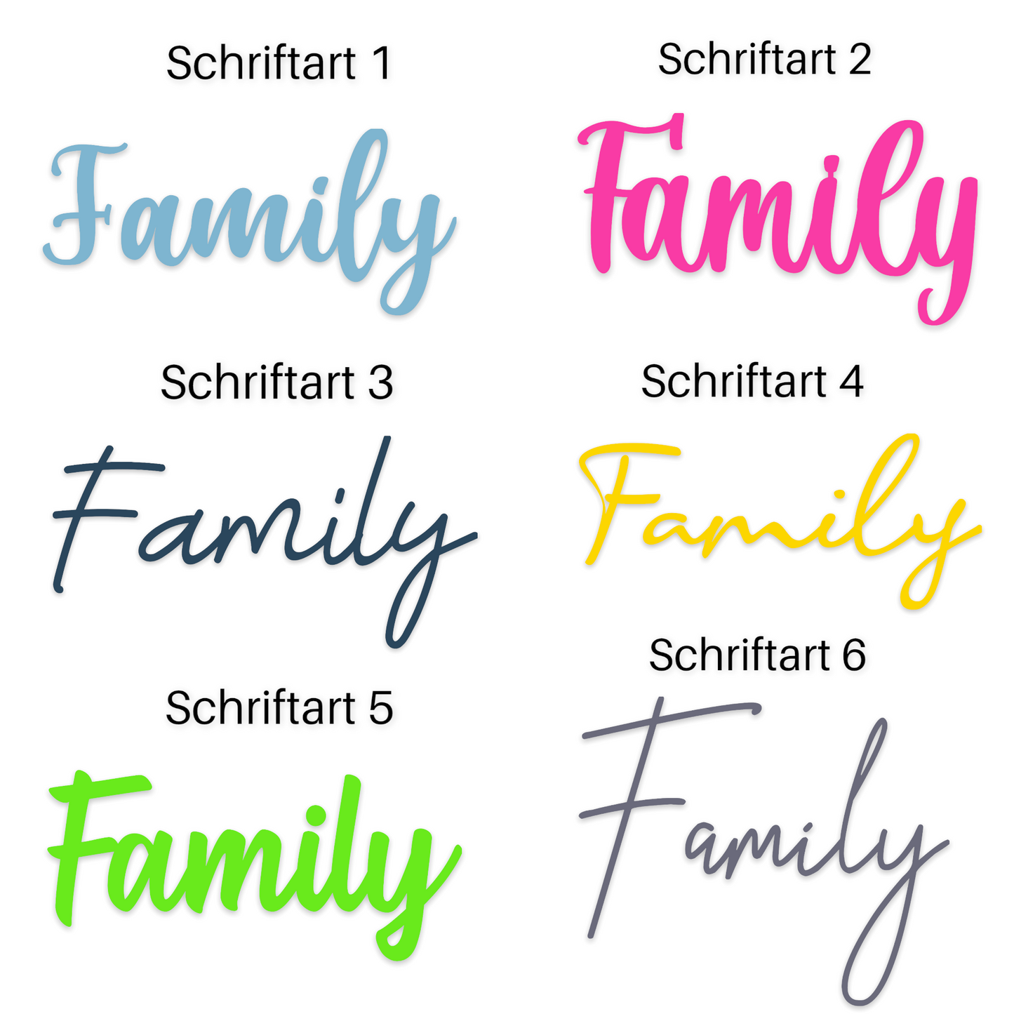 Schriftzug Family aus Holz in verschiedenen Farben und 6 Schriftarten