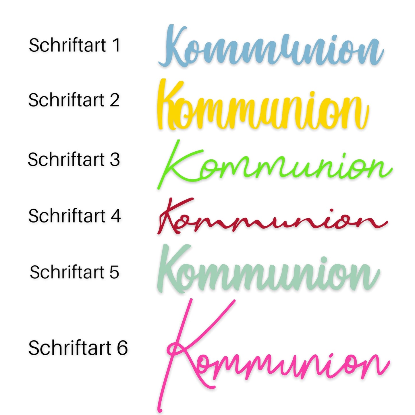 Schriftzug Kommunion aus Holz in verschiedenen Farben und 6 Schriftarten