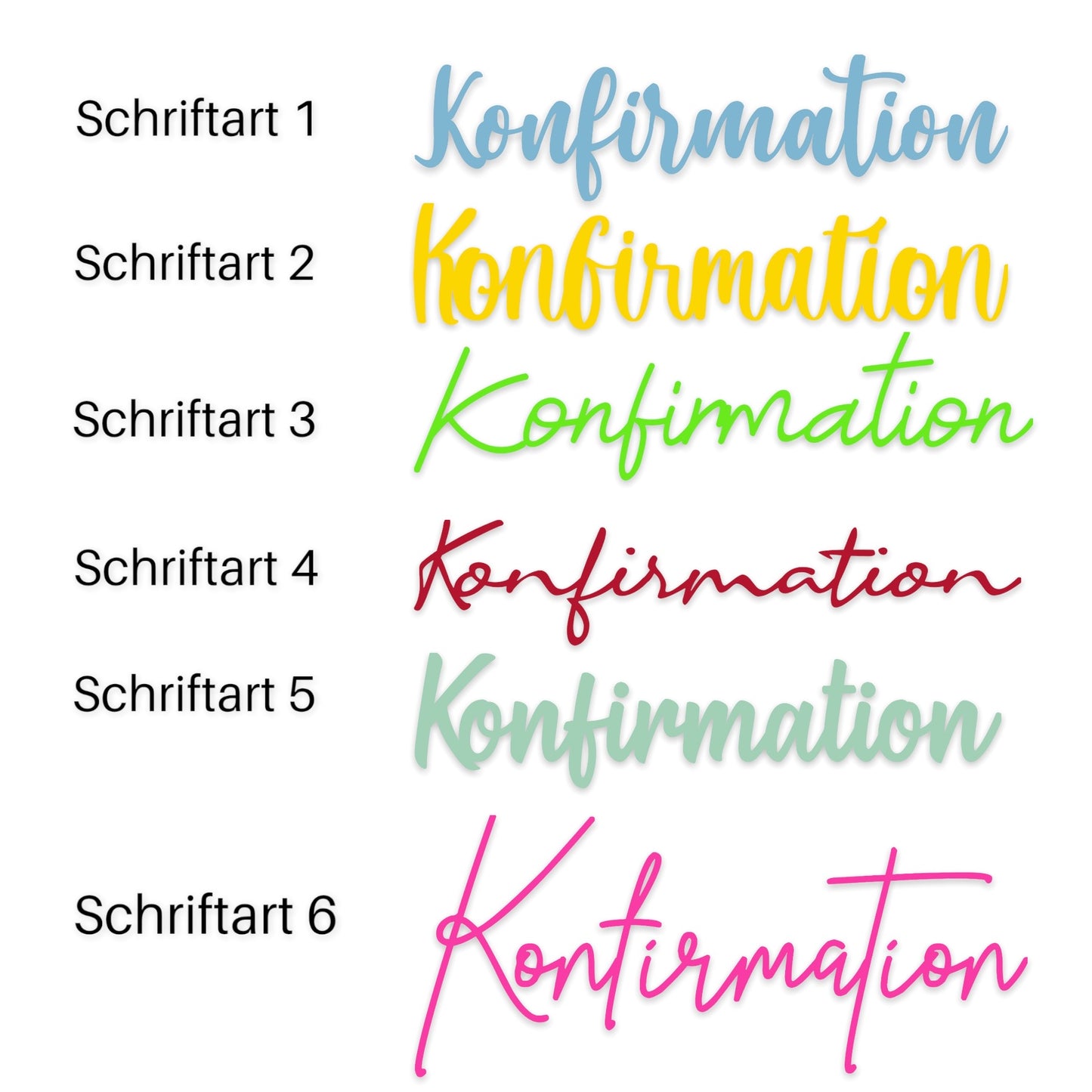 Schriftzug Konfirmation aus Holz in verschiedenen Farben und 6 Schriftarten