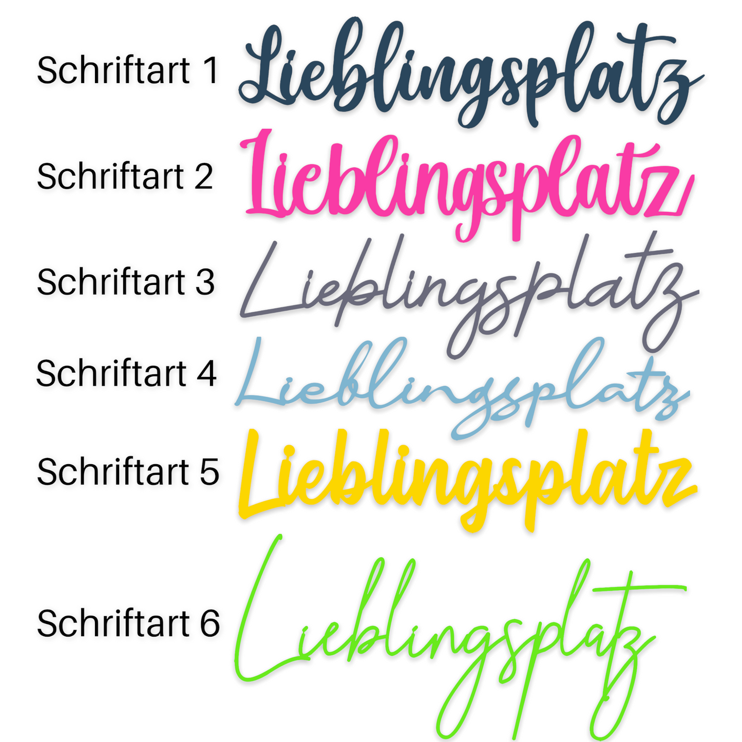 Schriftzug Lieblingsplatz aus Holz in verschiedenen Farben und 6 Schriftarten