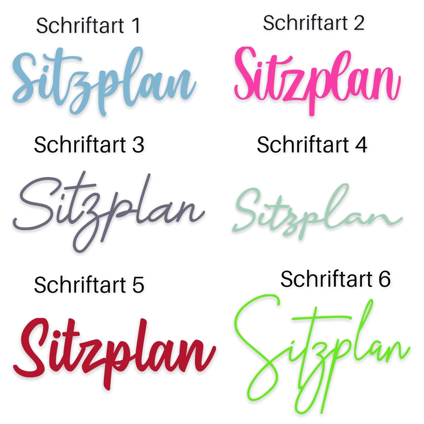 Schriftzug Sitzplan aus Holz in verschiedenen Farben und 6 Schriftarten