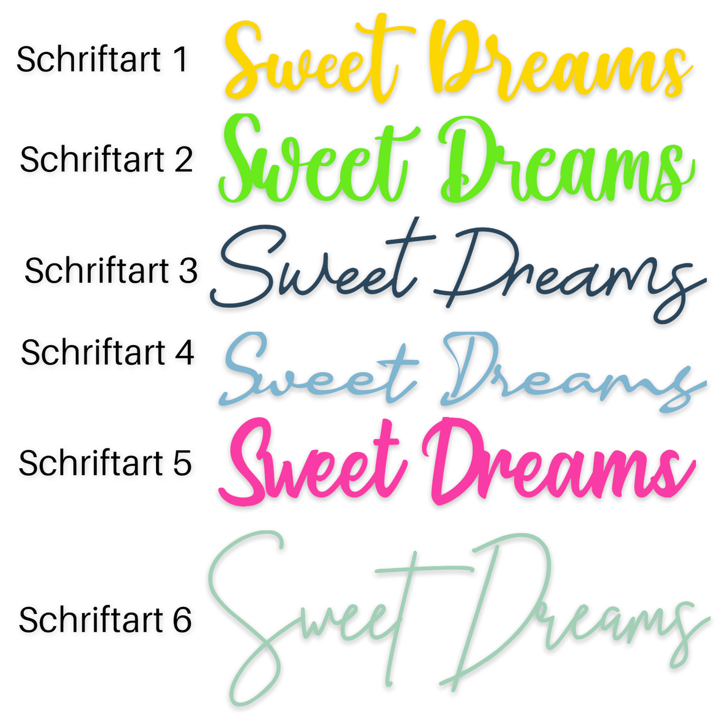 Schriftzug Sweet Dreams aus Holz in verschiedenen Farben und 6 Schriftarten