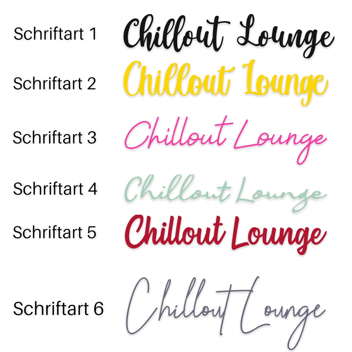 Schriftzug Chillout Lounge aus Holz in verschiedenen Farben und 6 Schriftarten